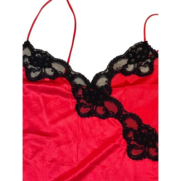 Vintage Red & Black Lace Trim Satin Chemise Nightgown Size Large - Picture 5 of 14